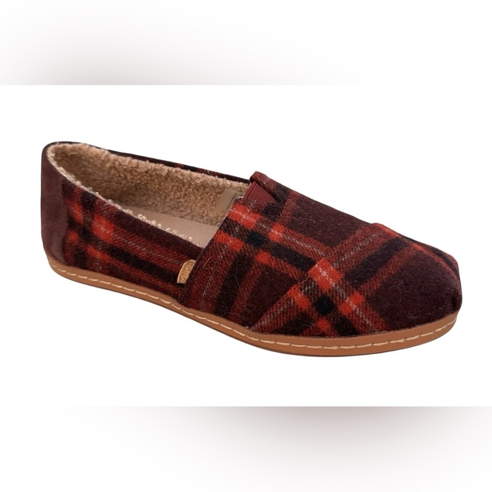 Toms cozy Alpargata Red Black Plaid Flannel Faux Shearling Slip Ons Flats Sz 8